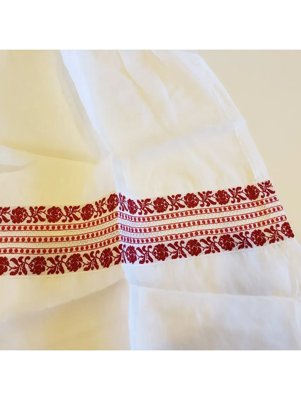 Vintage Chiffon Apron Red Woven Ribbon Lace Accents Pocket Kitsch Organdy
